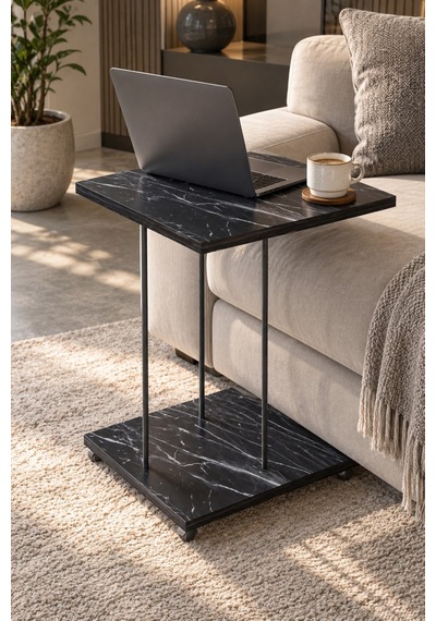 Sulorahome Tekerlekli Mermer Desenli Laptop Ve Servis Sehpası Siyah Siyah Mermer