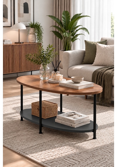 Oval Orta Sehpa 90 Cm İki Katlı Raflı Metal Ayaklı Modern Dekoratif Salon Sehpası Çam - Antrasit Oval Orta Sehpa 90 Cm İki Katlı Raflı Metal Ayaklı Modern Dekoratif Salon Sehpası Çam - Antrasit