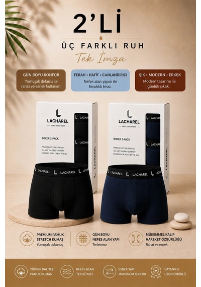 7 For All Mankind Erkek Likralı Pamuklu Nefes Alan Penye Boxer 2'li Paket - Siyah & Lacivert Çok Renkli