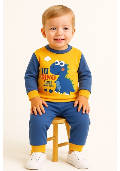 Aden Kids Erkek Çocuk Dinozor Baskılı Pamuklu Penye Pijama Takımı 0-5 Yaş Mevsimlik, Günlük Kullanıma Uygun Lacivert - Sarı