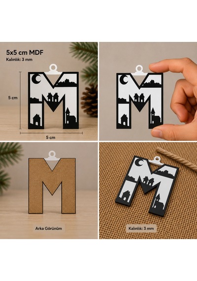 M Harf Yılbaşı Süsü Mdf Çam Ağacı Desenli Asılabilir Dekor 5x5 Cm