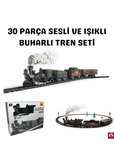 Işıklı Sesli Buharlı Tren Seti 30 Parça Gerçek Buhar Efektli, Klasik Lokomotif Oyuncak Tren 135 Cm Ray