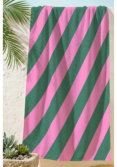 Çizgili Pembe Yeşil Modern Plaj Havlusu - Minimalist Çapraz Çizgi Hızlı Kuruyan Mikrofiber Havlu Çok Renkli
