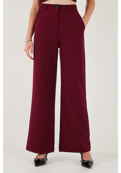 Lela Wide Leg Orta Yüksek Bel Bol Paça Kumaş Bayan Pantolon 6522974 Bordo