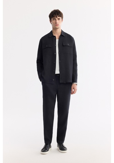 Avva Erkek Siyah Klasik Yaka %100 Keten Comfort Fit Gömlek Ceket A51y2087