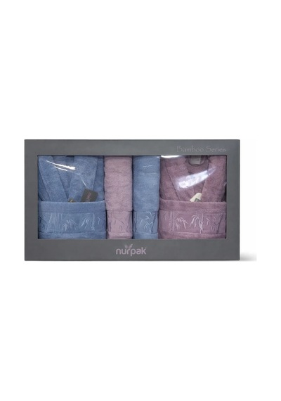 Bambu 10 Parça Aile Bornoz Takımı Mavi-mürdüm