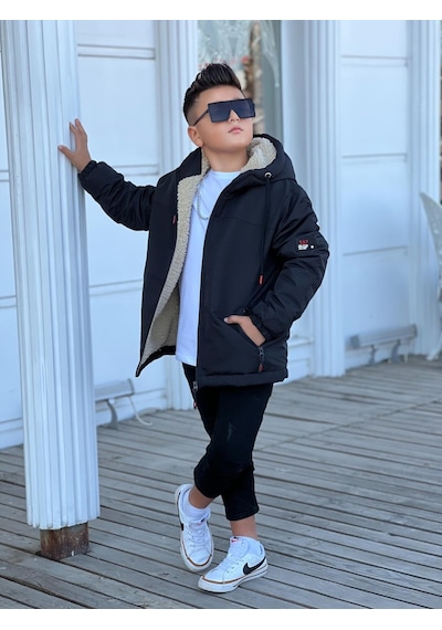 Pina Kids Erkek Çocuk Kapüşonlu İçi Kürklü Mont Km3050 Siyah