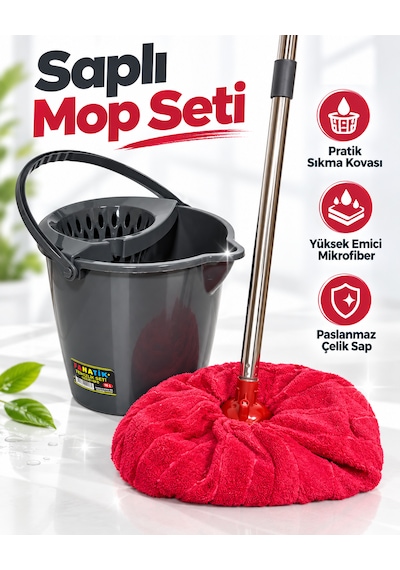 Temizlik Mop Seti - Yuvarlak Mop Ve Su Kovası Sıkma Hazneli 12 Lt Ve Saplı Havlu Mop Seti-gri Kova