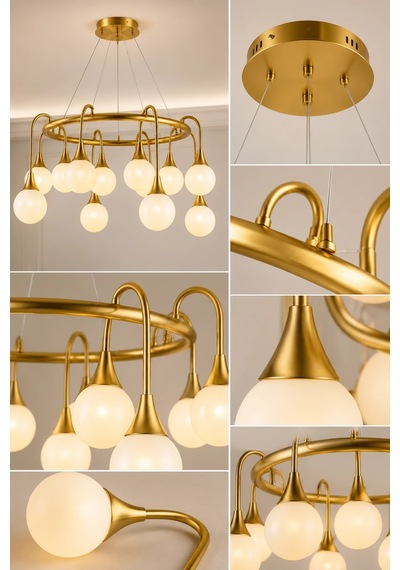 Eskitme Premium Gold 15 Opal Küreli Led Avize Salon Yemek Odası Dekoratif Sarkıt Avize 60w