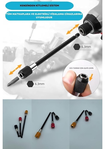 1/4 Bits Hex Altıgen Uçlu Uzatma Adaptörü Mıknatıslı Vidalama 3lü Set 6 10 15 Cm