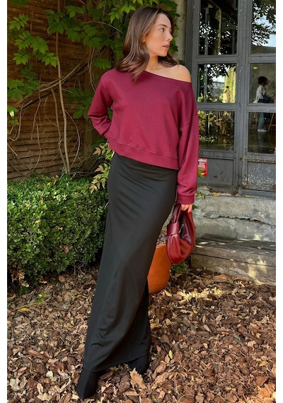 Bordo Kayık Yaka Kadın Sweatshirt Mg2208