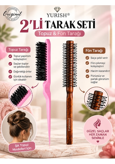 Yurısh 2 Li Topuz Ve Fön Tarağı Seti Saç Şekillendirici Topuz Fırçası Ve Hacim Veren Fön Tarağı 0