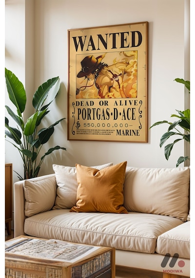 One Piece Portgas D Ace Wanted Poster, Ahşap Çerçeveli Duvar Tablosu - Anime Severlere Özel Hediye
