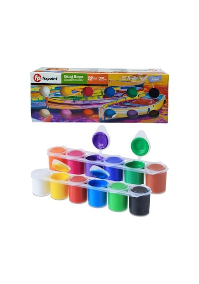 Guaj Boya 12 Renk 25ml 1 Paket Fixpoint Guajboya Seti 12 Li Su Bazlı Şişe Canlı Renkler Resim Okul Çok Renkli