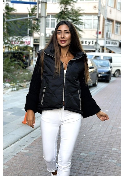 Keyifli Moda Kadın Siyah Dik Yaka Kolları Triko Cepleri Fermuarlı Şişme Mont - 42 Siyah