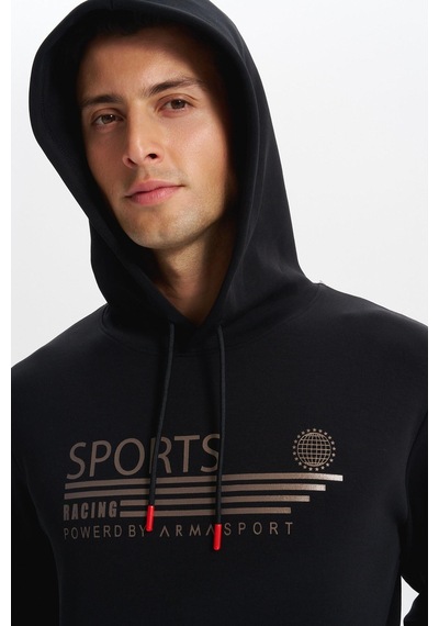 AR-MA Arma Erkek Slim Fit Örme Interlok Kapüşonlu Kanguru Cepli Sweatshirt Yazı Baskılı %80 Pamuk %14 Polyester %6 Elastane K30254685102 Siyah