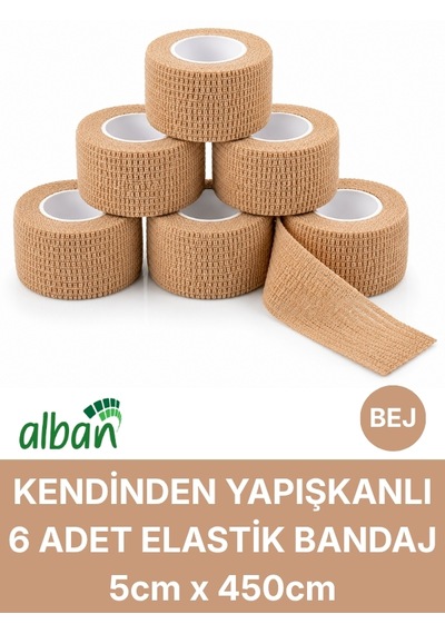 5cm 6'lı Set Kendinden Yapışkanlı Elastik Bandaj, Kohesiv Bandaj 5cm X 4.5m Spor, Bilek, Ayak Bileği, Veteriner Bandajı Bej