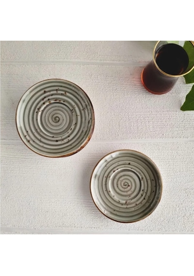 Madam İzmir Winter 6'lı Siyah Çay Tabağı - Modern Spiral Desenli Şık Sunum Tabağı Gri