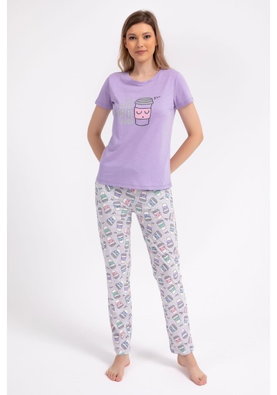 Arnetta Eat Sleep Coffee Repeat Lila Kadın Pijama Takımı 5274-28927 Lila