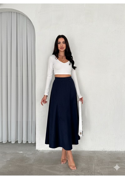 Ozy Fashion Kadın Süet Kloş Etek Lacivert