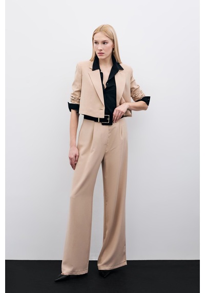 Sateen Pileli Krep Pantolon - Bej