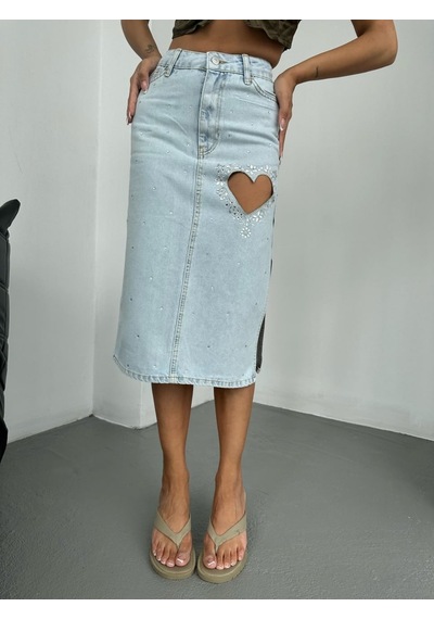 Kalp Detaylı Taş İşlemeli Denim Midi Etek ÇoK Renkli