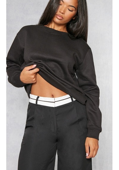 Düz Basic Sweatshirt - Siyah Uzun Kol Oversize Bisiklet Yaka Siyah