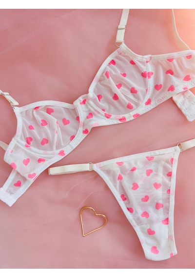 Arinda Lovely Pembe Kalp Desenli Tül Balenli Balenli Kapsız Nefes Alabilen Rahat Sütyen Tanga Alt Üst İç Çamaşırı Takımı 2 Parça Pembe - Ekru Arinda Lovely Pembe Kalp Desenli Tül Balenli Balenli Kapsız Nefes Alabilen Rahat Sütyen Tanga Alt Üst İç Çamaşırı Takımı 2 Parça Pembe - Ekru