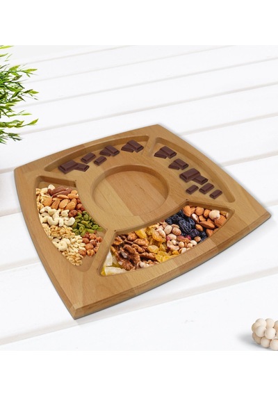 Bk Gift Doğal Masif Ahşap 4 Bölmeli Sunum Tabağı Çerezlik