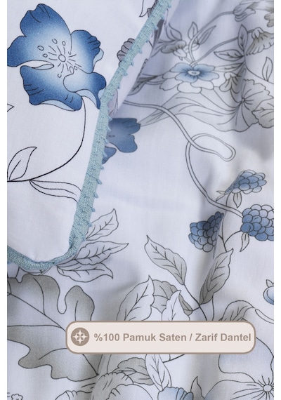 Elart Rose Nevresim Takımı Çift Kişilik Digital Baskılı %100 Pamuk Saten Dantelli 200x220 Cm Mavi Mavi