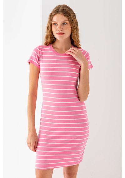 Giysa Kadın Bisiklet Yaka Kısa Kol Çizgili Elbise Pembe Beyaz - 25539 Pembe - Beyaz