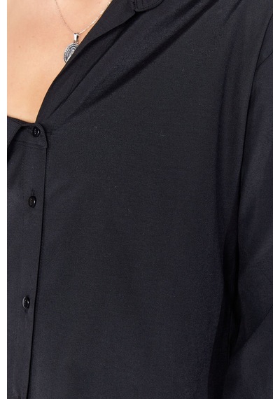 Manche Siyah Asimetrik Poplin Likralı Gömlek Mks169256-01