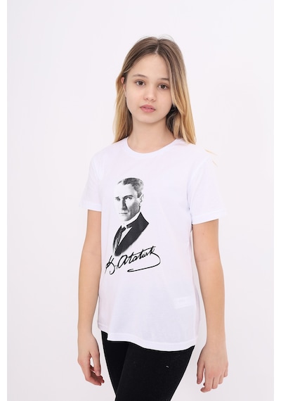 Toontoy Kids Toontoy Unisex Atatürk Baskılı Bisiklet Yaka Kısa Kollu Tişört Beyaz