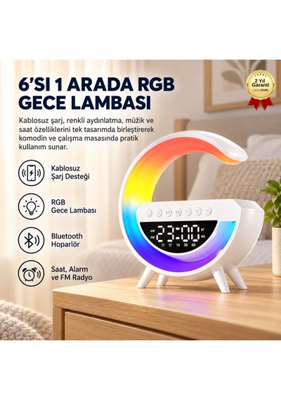 6'sı 1 Arada Kablosuz Şarjlı Rgb Gece Lambası Bluetooth Hoparlör Ve Alarm Saat-1755