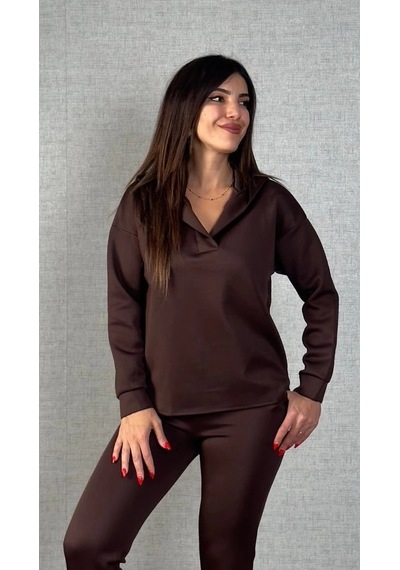 Defymoda Kadın Uzun Kollu Kapüşonlu Ikili Takım Kahverengi