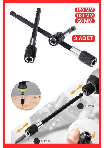 Profesyonel Paslanmaz Vanadium Çelik 6 10 15 Cm 3 Lü Bits Uzatma Adaptörü 3 Adet
