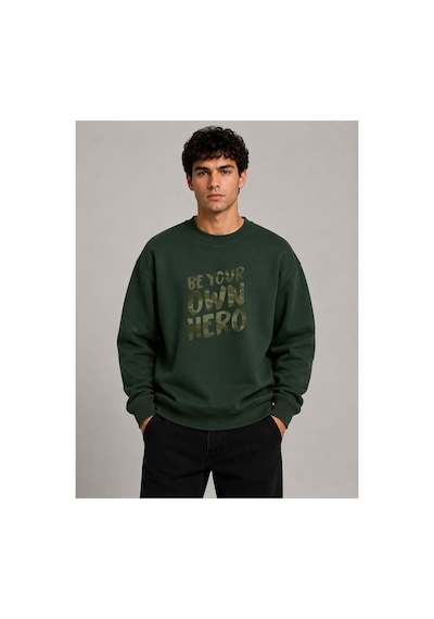 Herkesemoda Hero Baskı Detaylı Bisiklet Yaka Şardonlu 2 İplik Sweatshirt Yeşil