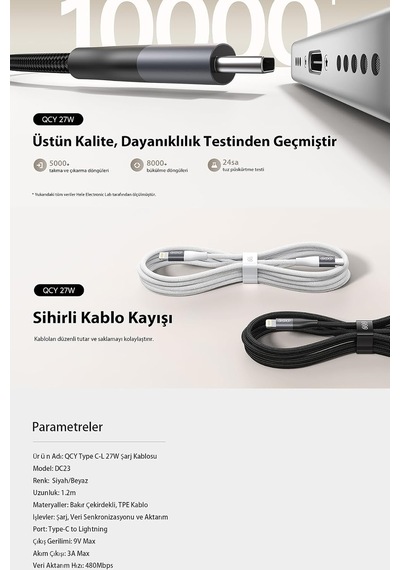 27w Type-c To Lightning Şarj Kablosu 1.2 Metre Halat Örgü 480mbps Kırılmaz Data Kablosu Dc23,siyah Diğer