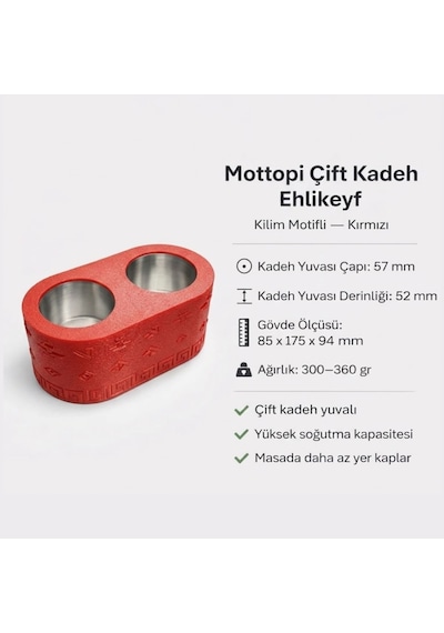 Mottopi Çift Kadeh Ehlikeyf Kilim Motifli Termojelli Soğutucu, Paslanmaz Çelik,kilim Desenli-kırmızı