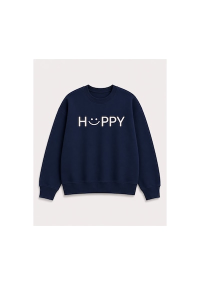 Herkesemoda Hüppy Baskı Detaylı Şardonlu 2 İplik Bisiklet Yaka Sweatshirt Lacivert