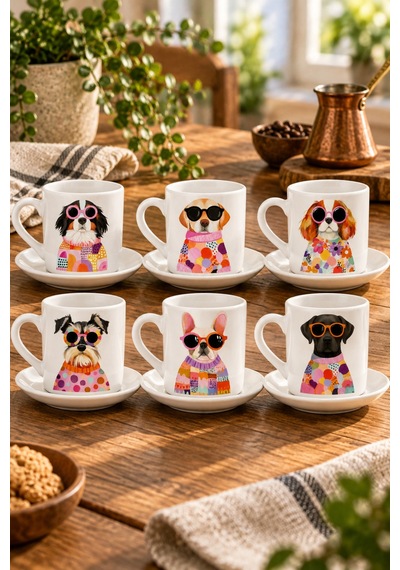 Havalı Köpek Desenli 6'lı 12 Parça Kahve Fincanı Seti - Hediye Porselen Kahve Fincanı Seti Dog White