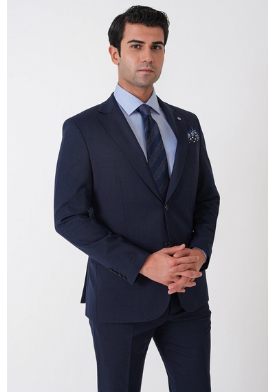 Efor Slim Fit Mono Yaka Çift Yırtmaç Esnek Yünlü Lacivert Takım Elbise Tk 947