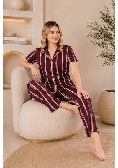 Wordex Mirano 4868 Dijital Baskı Kumaş Düğmeli Kısa Kolu Çizgili Kadın Pijama Takımı Kahverengi Wordex Mirano 4868 Dijital Baskı Kumaş Düğmeli Kısa Kolu Çizgili Kadın Pijama Takımı Kahverengi