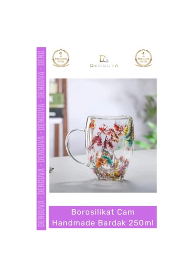 Borosilikatbardak Çift Camlı Kurutulmuş Çiçekli Borosilikat Isıya Dayanıklı Cam Handmade Kulplu Bar Çok Renkli