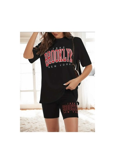Caxis Kadın Oversize 1898 Brooklyn New York Baskılı Tayt Takım Siyah
