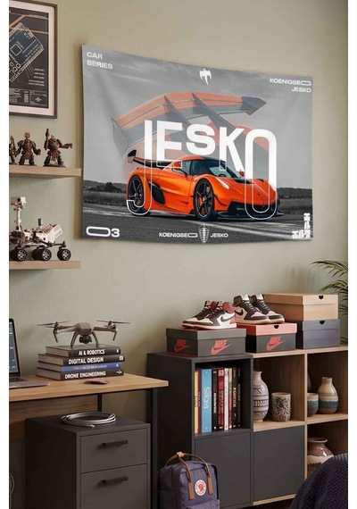 Koenigsegg Jesko Turuncu Süper Spor Araba Dekoratif Duvar Örtüsü Duvar Halısı Beyaz