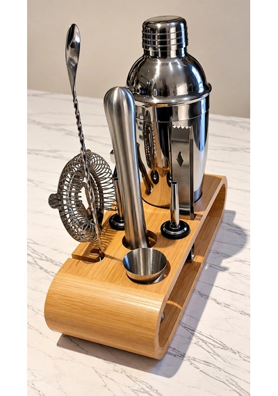 10 Parça Bambu Standlı Kokteyl Shaker Seti 750 Ml
