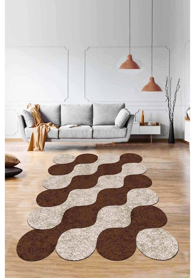 Kahverengi Daire Desenli Kaymaz Taban Lazer Kesim Halı Ar163n11