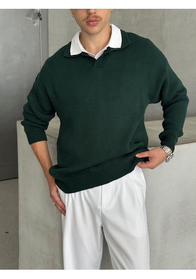 Erkek Polo Yaka Örme Oversize Kazak Koyu Yeşil