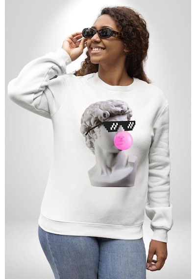 Gözlüklü David'in Kafasının Alçı Heykeli Unisex Beyaz Sweatshirt Beyaz